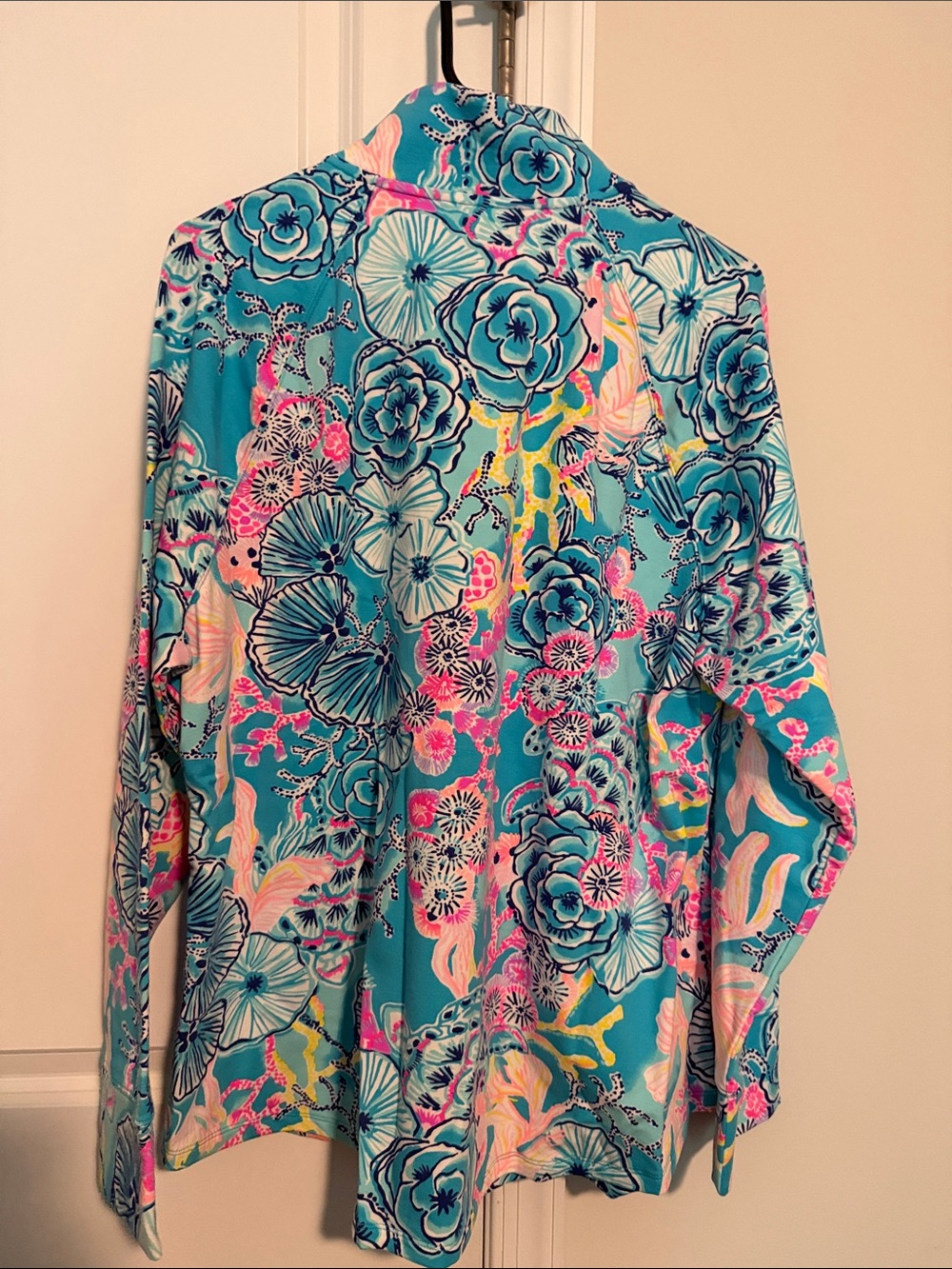 Lilly Pulitzer Teal Floral Half-Zip Popover with Pink Accents - Picture 3 of 3